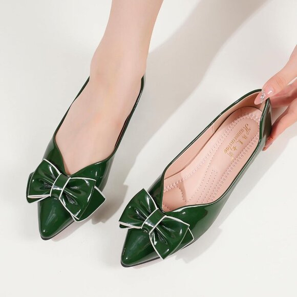 Women Blackish Green Artificial lacquer leather Pointed Toe Bow Foam Flats - Picture 4 of 5